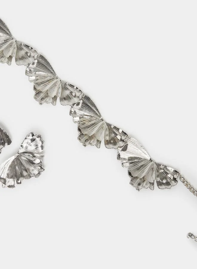 Styli Silver Embellished Leaf Necklace and Earrings Set